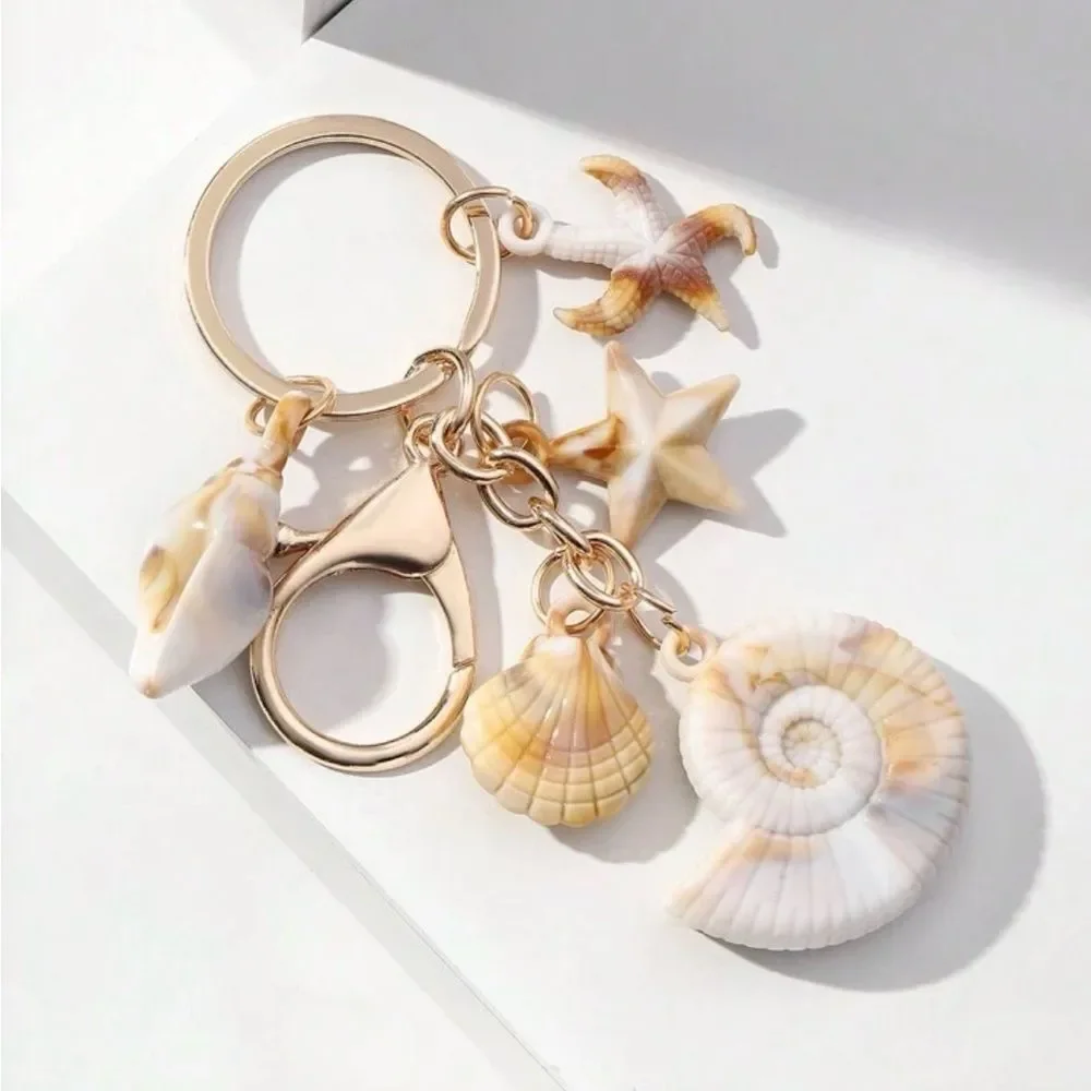 NEW! Seashell Charm Keychain Bag Charm - Khaki Tan Coastal & Cream